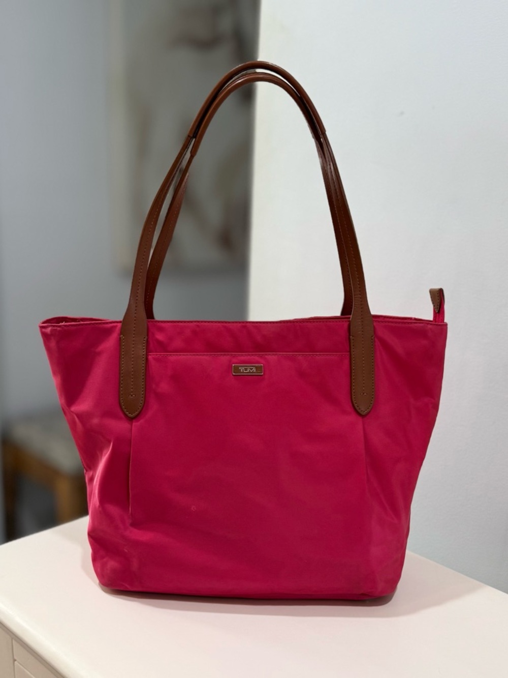 TUMI Voyageur Pink Nylon Large Satchel Tote Bag slip pocket